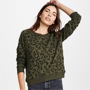 Rails Theo Olive Green Flocked Leopard Print French Terry Pullover Sweatshirt S